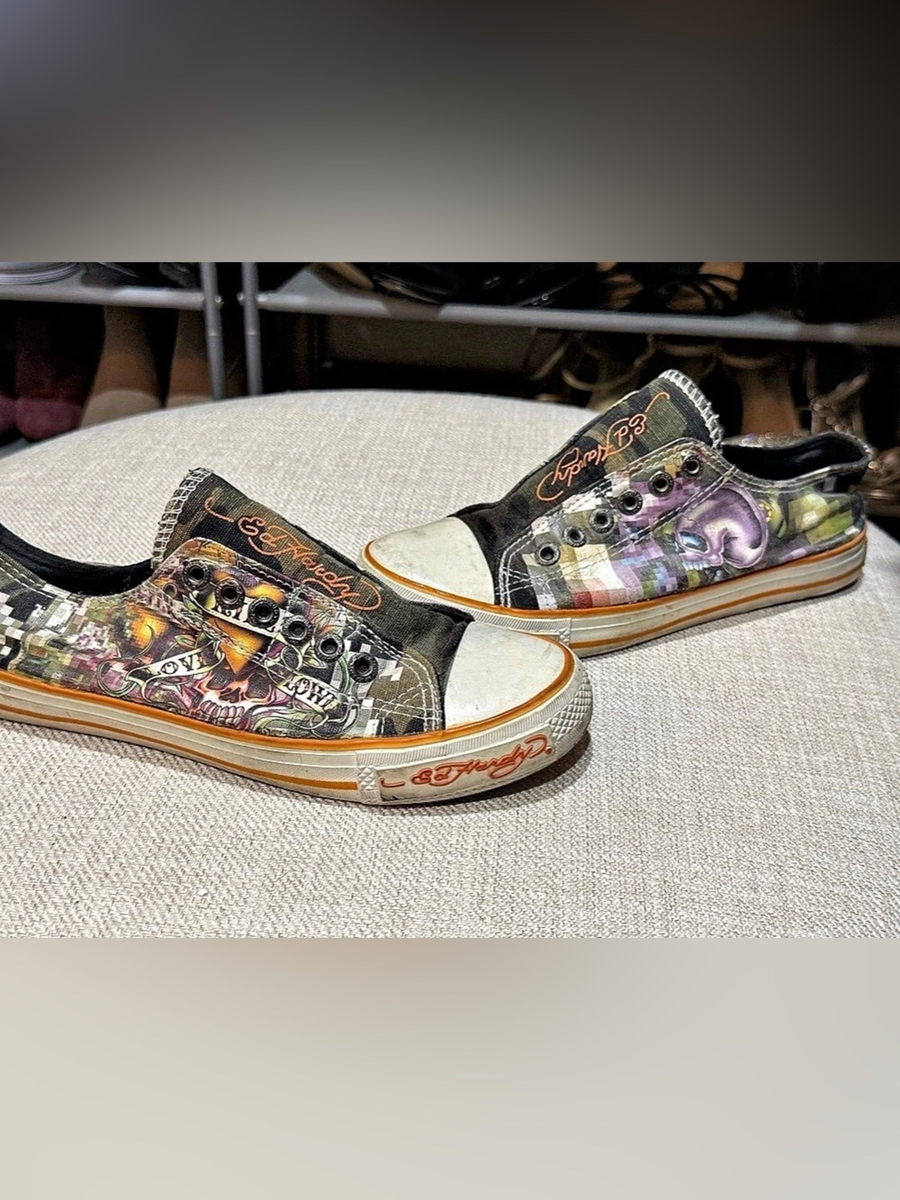 Ed Hardy Graphic Low Top Sneakers in Black & White